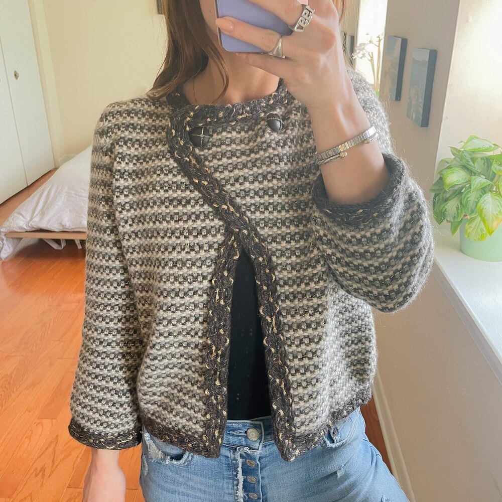 Chanel Woven Open Front Metallic Cardigan Sweater
